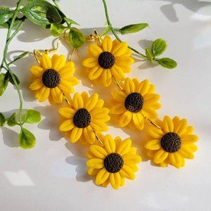 Lightweight Triple Sunflower Polymer Clay Dangle Earrings